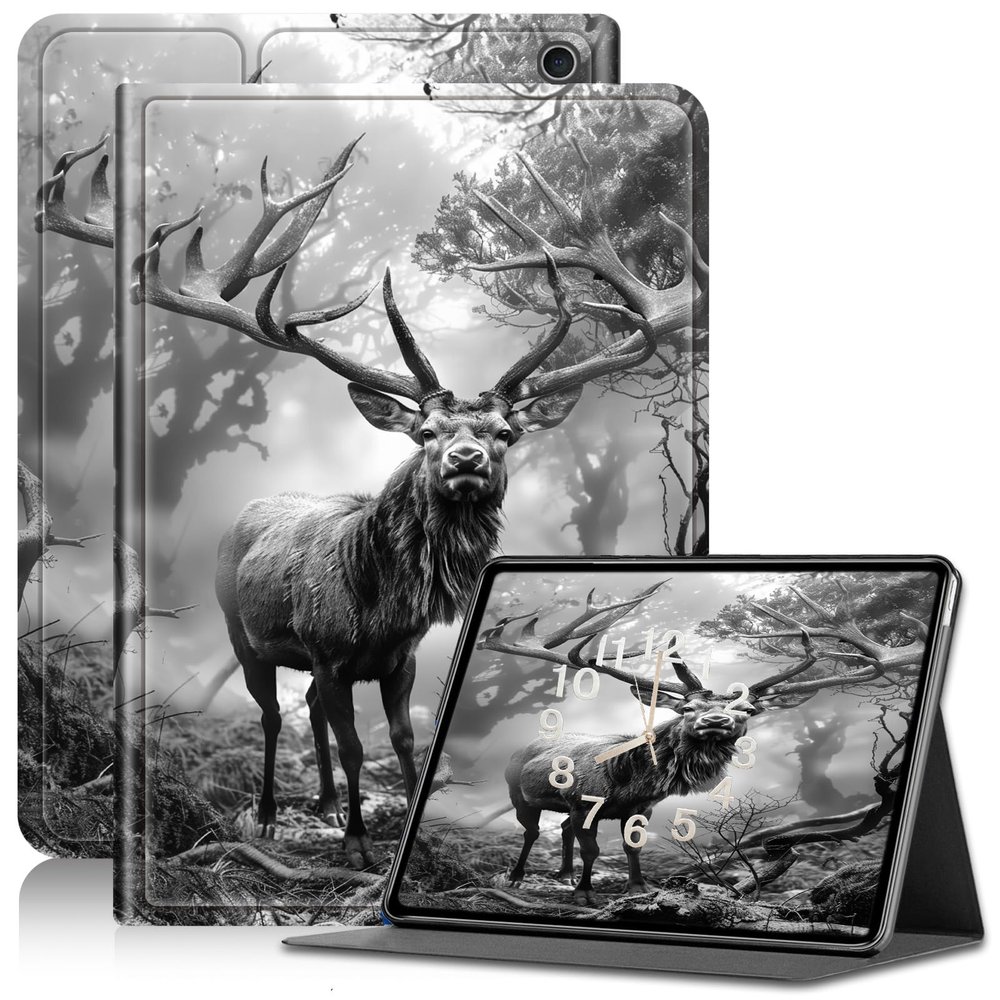 Amazon Kindle Fire HD 10/10 Plus (11th Gen) Adjustable Stand Case with Auto Sleep/Wake - Black/White Deer