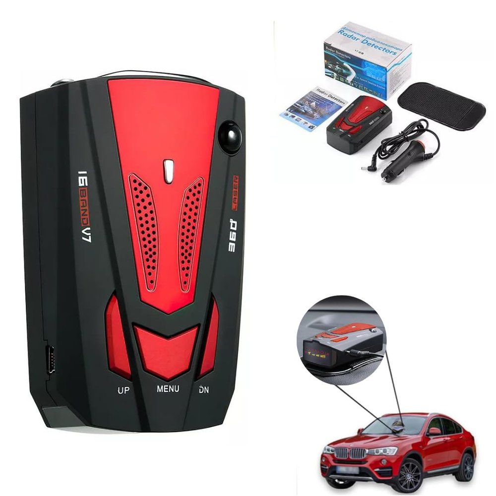 KF Premium Red Car Radar 16 Band V7 GPS Speed Safe Detector - Stay Informed on The Road w Advanced 360 Laser Detection Voice Alerts and GPS Accuracy Comprehensive Road Safety Awareness