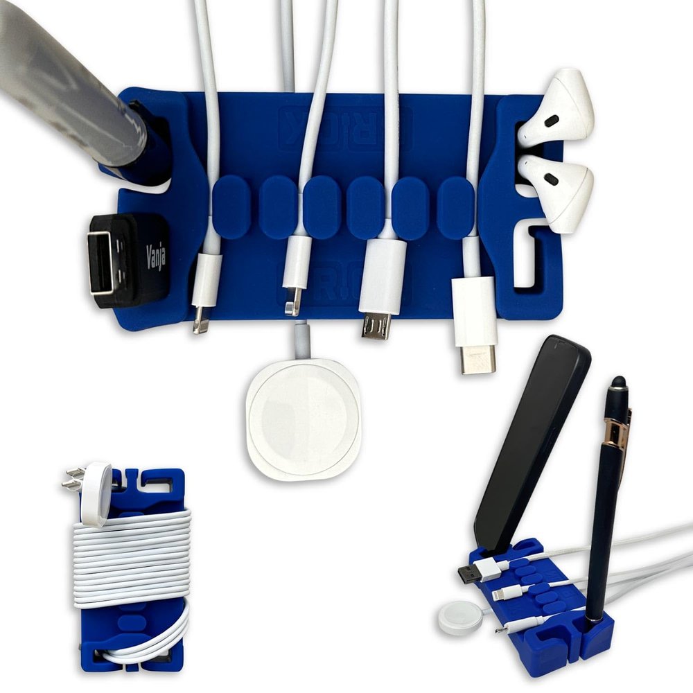 DeskBrick  Patented Non-Slip Steel-Weighted Desk Organizer & Cable Management Gadget, Versatile Cord, Phone & Accessory Holder for Office, Home & Desktop  Best Gift for Men. Blue