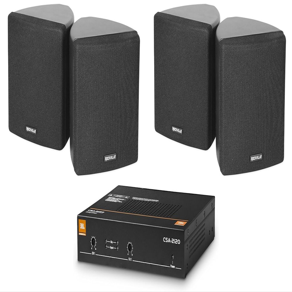 Audiosavings Bundle: JBL CSA 2120 Commercial Amplifier Amp Bundled with (2) Pairs of Cube by Rockville 3.5" Black Home Theater Wall Speakers+Swivel Brackets (5 Items)