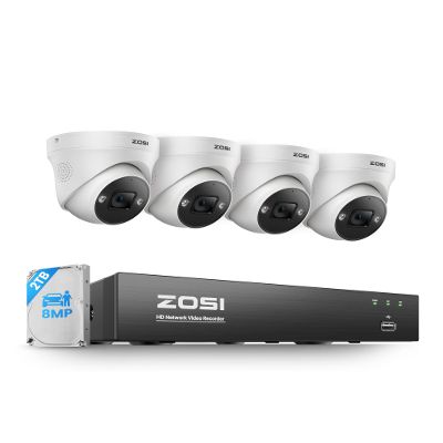 ZOSI 4K POE Security Camera System Outdoor, 4PCS 4K Spotlight Wired Cameras for Home Security, Person Vehicle Detection, Color Night Vision, 8 Ports 16CH 8MP NVR with 2TB HDD for 24/7 Recording