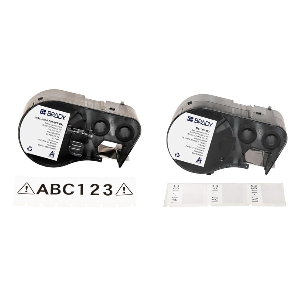 Brady Vinyl Label Bundle: (M4C-1000-595-WT-BK) All-Weather 1in x 25ft Black on White Labels and (M5-115-427) 1.25" x 1.5" Self-Laminating Black on White Cable Labels