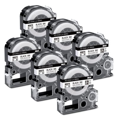 Aonomi LK-4WBN SS12KW Label Tape Replace for Epson Label Maker Tape LC-4WBN LC 4WBN9 12mm 1/2" Black on White 0.47" Compatible with Epson LabelWorks LW300 LW400 LW500 Label Maker, 6-Pack