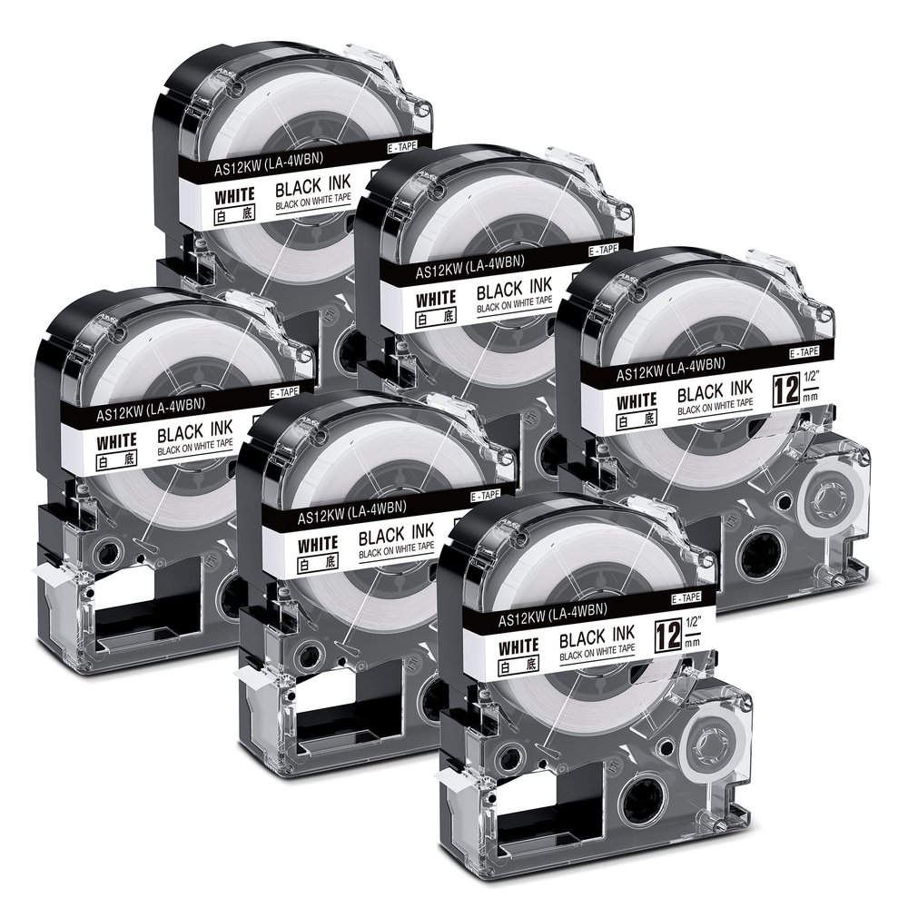 Aonomi LK-4WBN SS12KW Label Tape Replace for Epson Label Maker Tape LC-4WBN LC 4WBN9 12mm 1/2" Black on White 0.47" Compatible with Epson LabelWorks LW300 LW400 LW500 Label Maker, 6-Pack