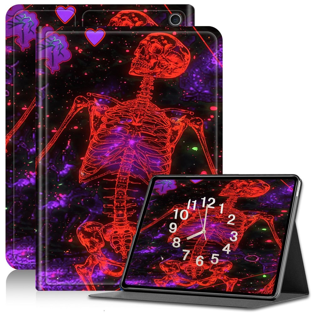 Amazon Fire 7 Tablet Case (12th Gen, 2022) - Slim PU Leather Folding Stand with Auto Sleep/Wake - Red Skeleton