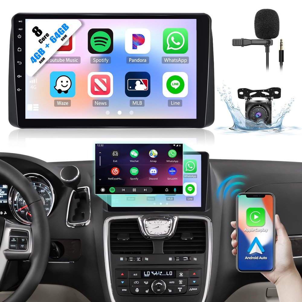 4+64G 8-Core Car Stereo for Dodge Grand Caravan 2011-2020 Chrysler Town & Country 2011-2016 with Wireless CarPlay Android Auto 9" IPS Touchscreen Android Car Radio Bluetooth, DSP, GPS, Backup Camera