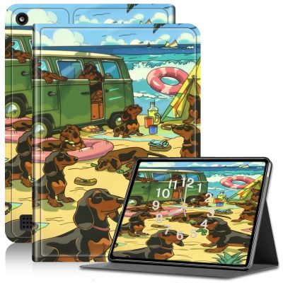 AIRWEE Case for Amazon Kindle Fire 7 Case 2019/2017 Release 9th/7th Generation, PU Leather Adjustable Stand Shockproof Smart Cover with Auto Wake/Sleep Kindle Fire 7 Case, Dachshund Style