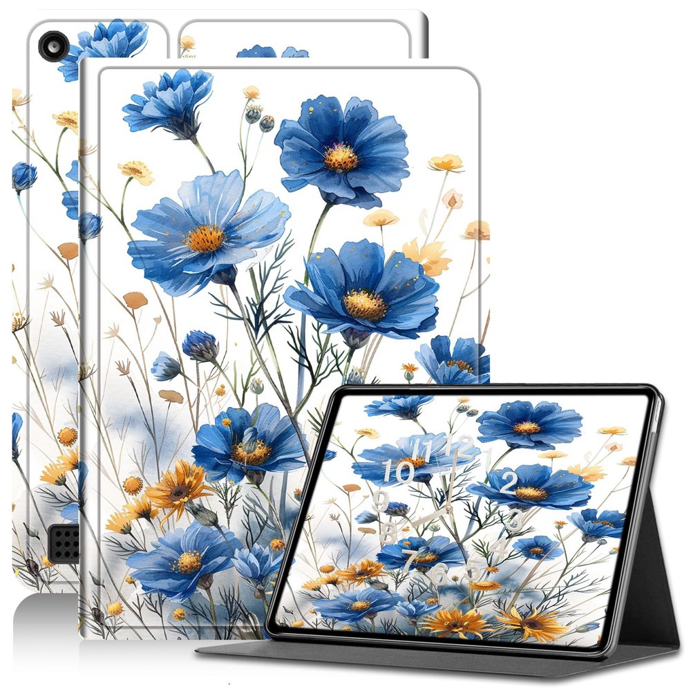 Amazon Kindle Fire 7 Case 2019/2017 Release 9th/7th Generation, PU Leather Adjustable Stand Shockproof Smart Cover with Auto Wake/Sleep, Blue Wildflower