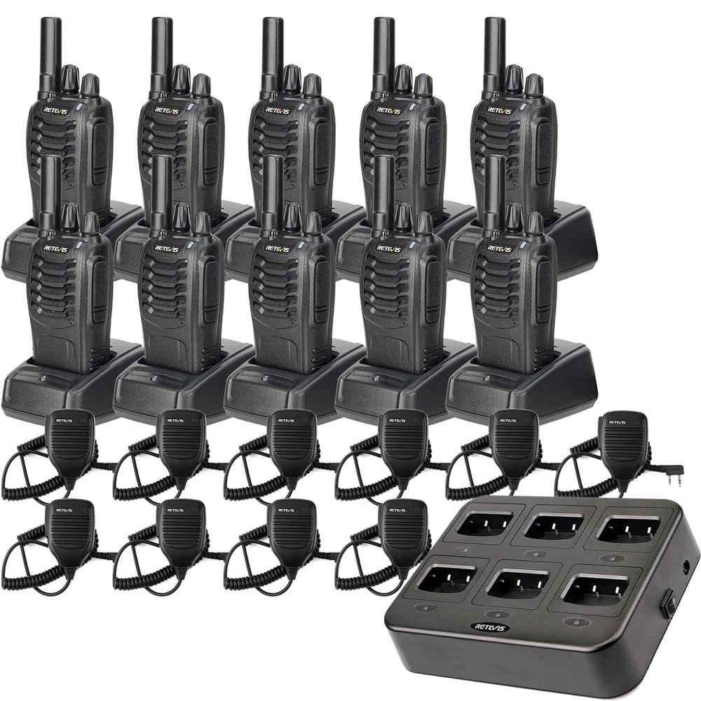 Retevis H-777 Walkie Talkies(10 Pack) Bundle with Six-Way Charger(1 Pack), Adults 2 Way Radios Long Range Rechargeable with Mic, License-Free, Crystal Audio, for School Work Construction Site