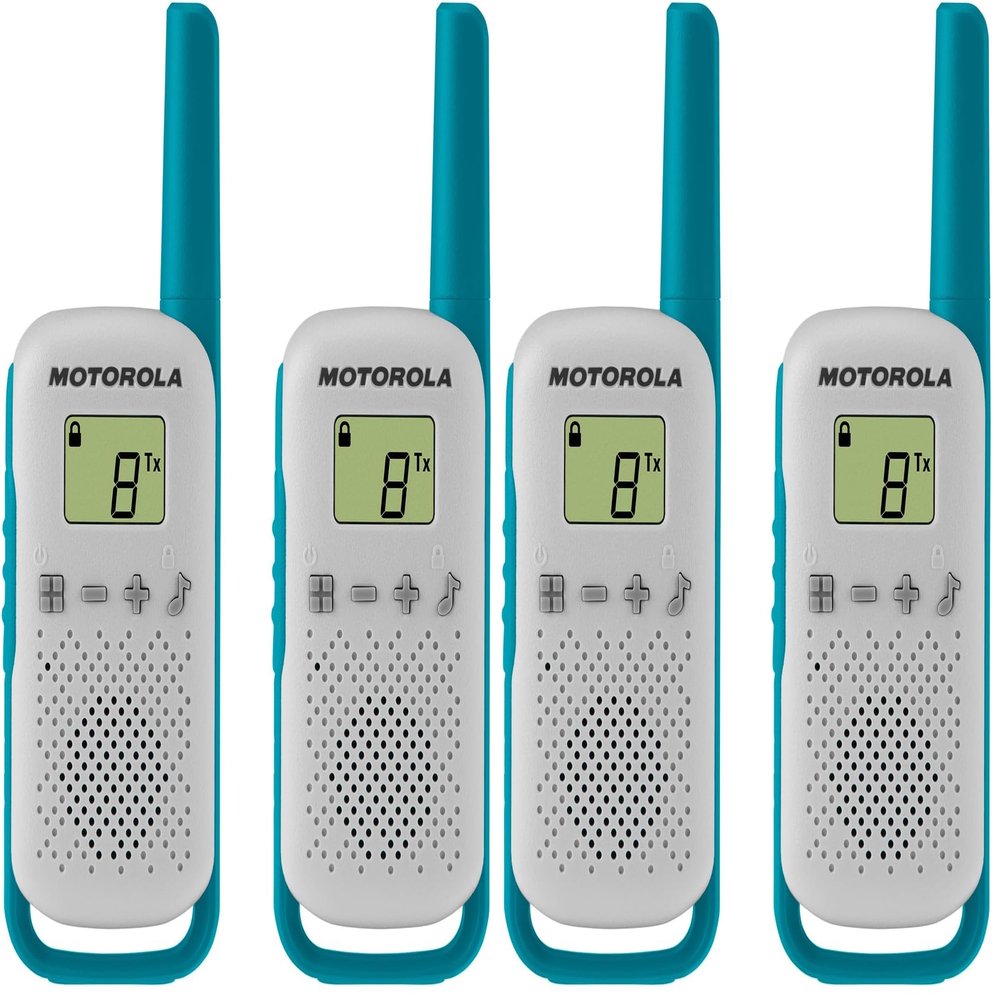 Motorola Solutions, Portable FRS, T114, Talkabout, Two-Way Radios, Battery Operated, 22 Channel, 16 Mile, White/Blue, 4 Pack