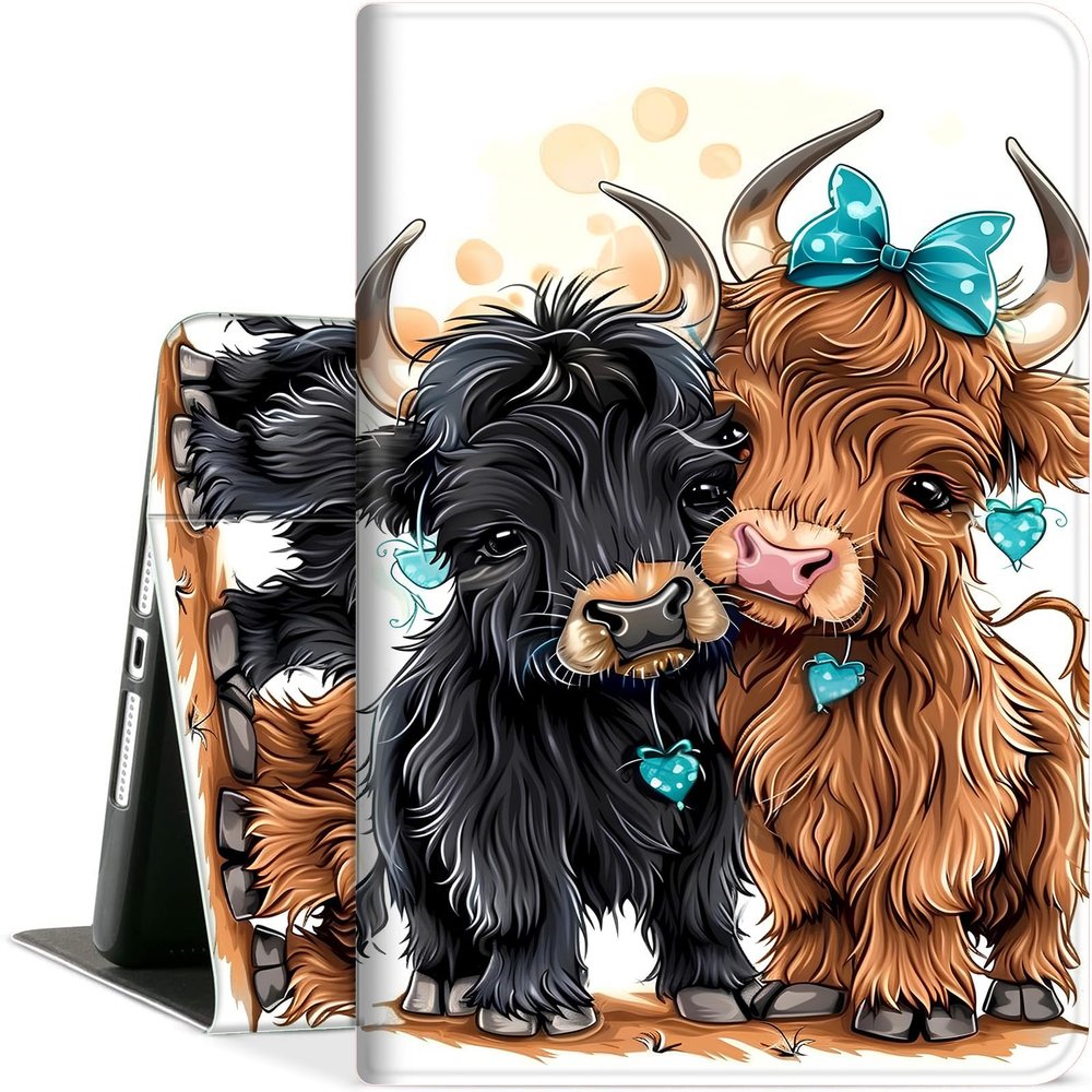 Case for iPad Air (A16) 11-inch 2025 & iPad 10th Gen 10.9-inch 2022, Slim Multi-Angle Stand Folio Cover with Auto Wake/Sleep, Shockproof PU Leather Lightweight Protective Case, Cute Highland Cows