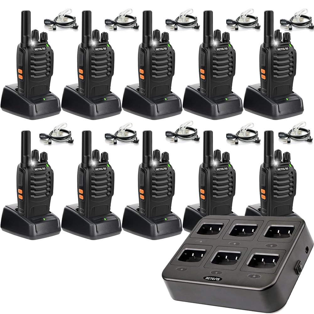 Retevis H-777 2 Way Radios(10 Pack) Bundle with Six-Way Charger(1 Pack),Walkie Talkies with Earpiece,Rechargeable Long Range Two Way Radio,Shock Resistant, Emergency Alarm