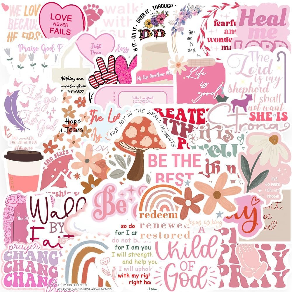 100PCS Bible Verse Stickers,Pink Christian Inspirational Aesthetic Decals,Vinyl Waterproof Religious Faith Stickers,for Water Bottles Laptop Journal Guitar Scrapbook