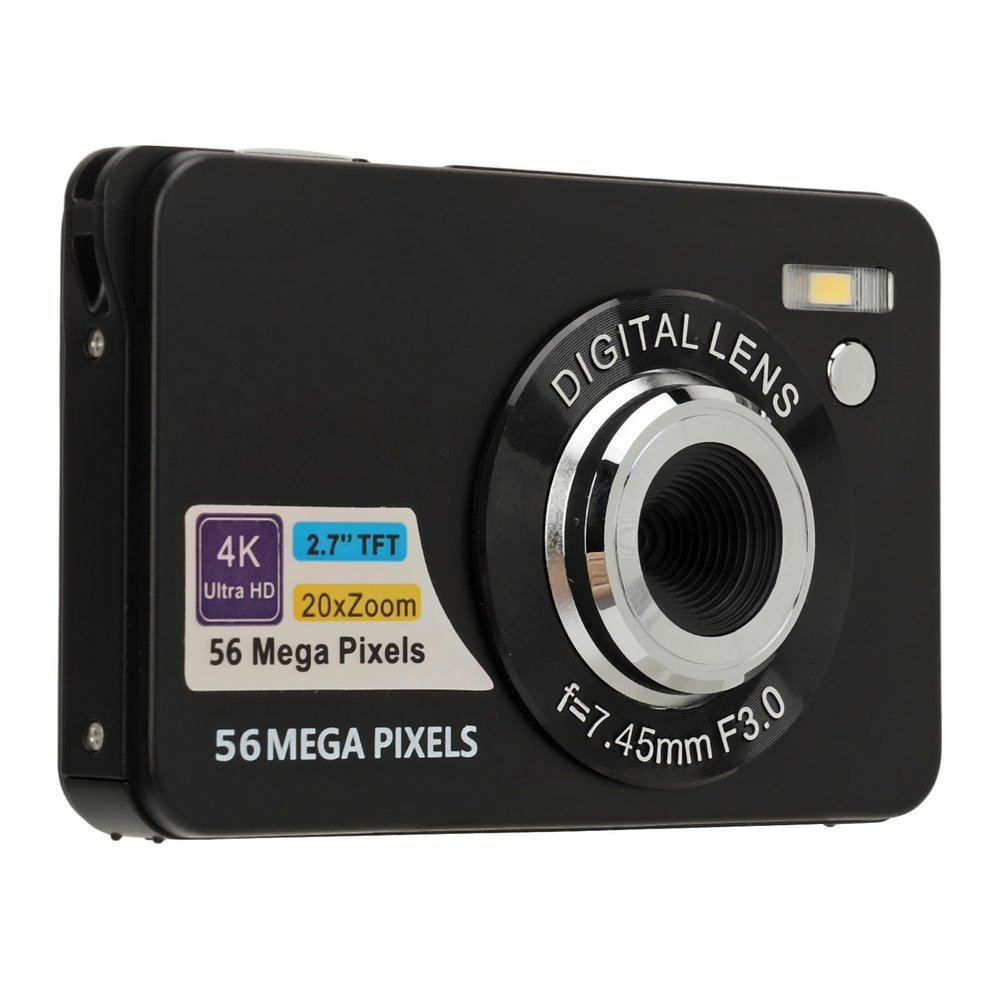 Digital Camera, 56MP 4K Video 20x Zoom, 2.7 inch LCD Screen, USB Cable, Compact, 128GB Storage, Black with for Travelling and Photography Enthusiasts (Black)
