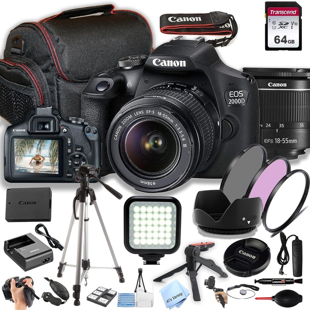 Canon EOS 2000D / Rebel T7 w/EF-S 18-55mm F/3.5-5.6 Zoom Lens + 64GB Memory, Filters,Case, Tripod, LED Light, Remote, and More (35pc DSLR Camera Bundle) (Renewed), Black