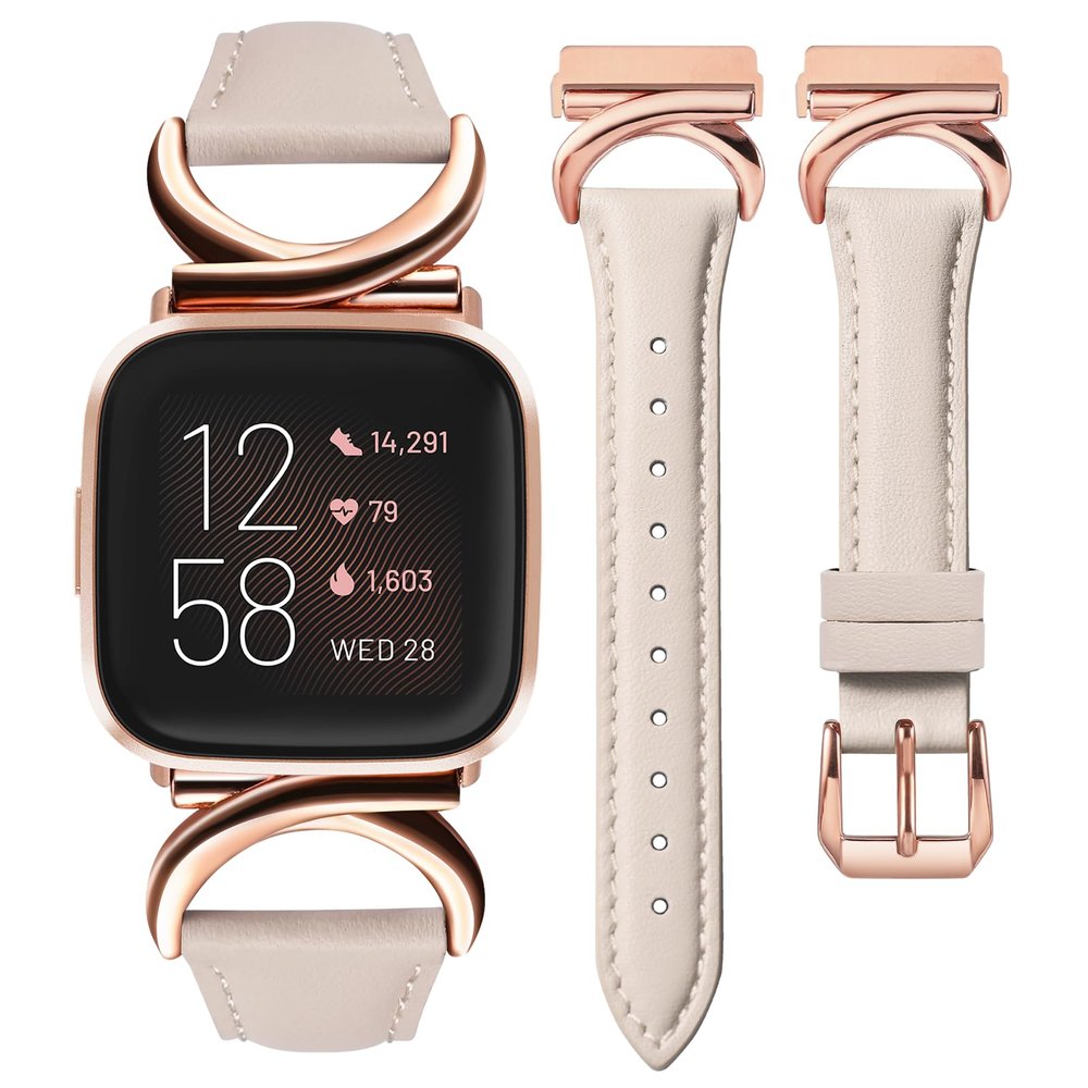 Minyee Leather Band Compatible with Fitbit Versa 2/Fitbit Versa/Versa Lite Bands Women, Slim Thin Dressy Designer Premium Leather Strap with C-Shape Metal Buckle for Versa 2 Watch, Starlight/Rose Gold