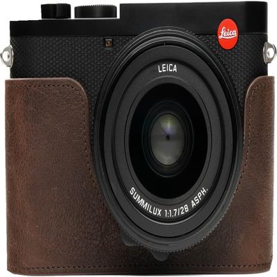 Q2 Camera Case, BMAOLLONGB Handmade Genuine Real Leather Half Camera Case Bag Cover for Leica Q2 Camera Bottom Opening Version + Hand Strap (Coffee)