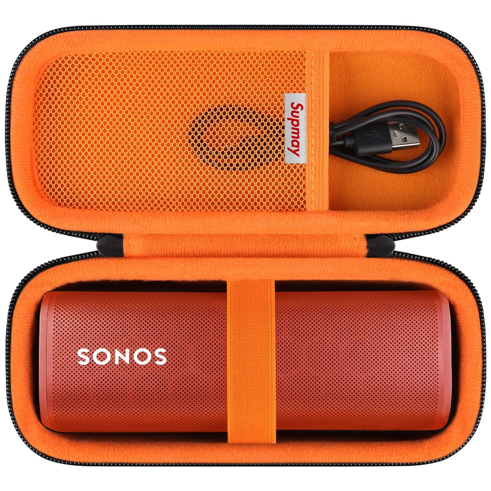 Supmay Hard Carrying Case for Sonos Roam 2/ Sonos Roam Portable Waterproof Bluetooth Speaker, Wireless Portable Speaker Protection Case with Mesh Pocket for USB-C Cable, Black+Orange