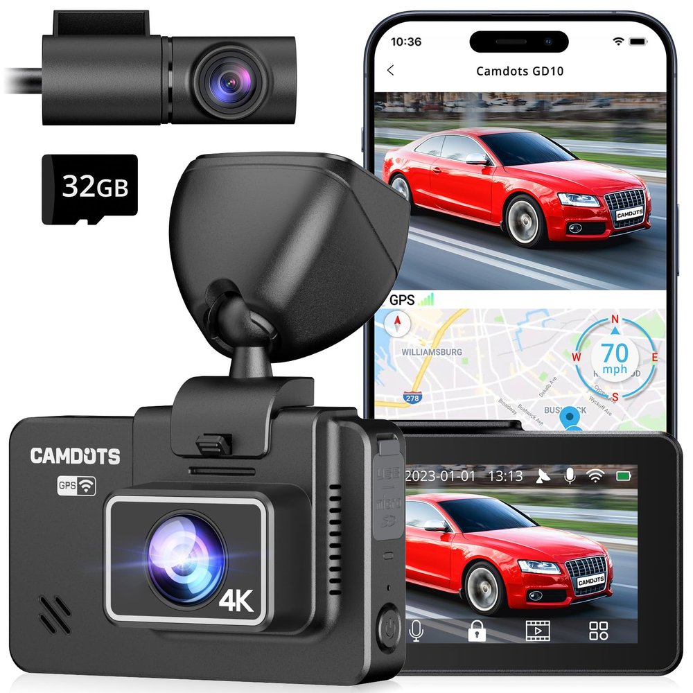 Camdots 4K Dash Cam Front and Rear, GD10 Upgraded Version 3" IPS Touchscreen Front 4K Rear 1080P Dual Dash Camera for Cars, Built-in WiFi GPS Type-C, Free 32GB Card, Night Vision, Parking Mode