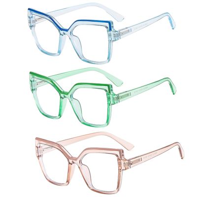 bullabulling 3 Pack Trendy Cat Eye Blue Light Blocking Reading Glasses for Women, Anti UV Computer Readers L05 (green/blue/tea, 2.0, x)