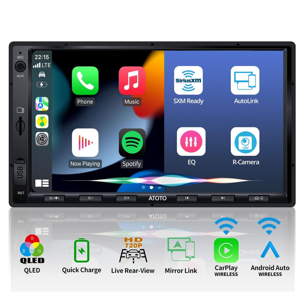 Double Din Car Stereo with Wireless CarPlay & Android Auto, 7 inch QLED CarPlay Screen for Car, SXM Ready, Quick Charge, Bluetooth Car Radio with Live Rear View, MirrorLink, USB/AUX/SWC, F7G2A7-XE-N