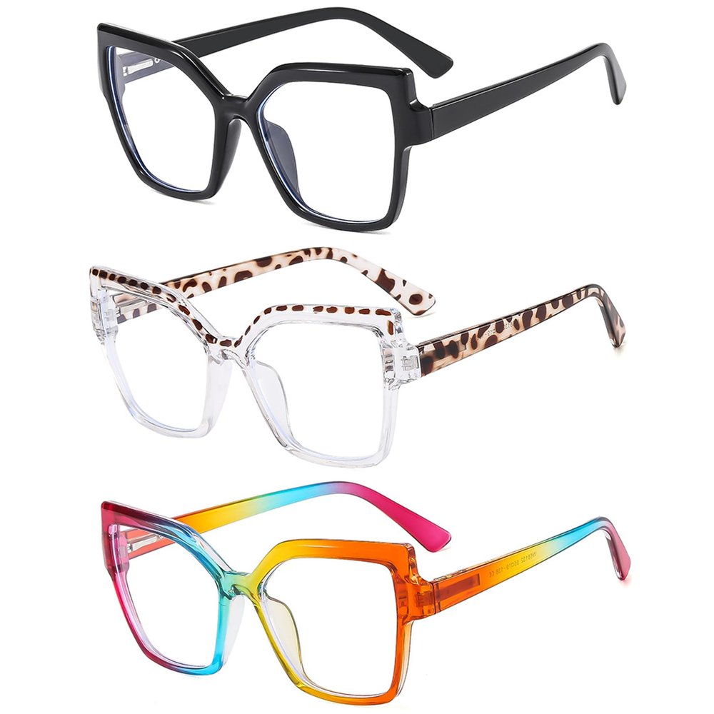 bullabulling 3 Pack Trendy Cat Eye Blue Light Blocking Reading Glasses for Women, Anti UV Computer Readers L05 (black/leopard/color, 2.0, x)