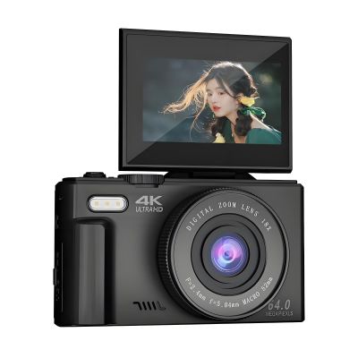4K Digital Camera for Photography, 64MP Vlogging Camera for,3"*180 Flip Screen,18X Digital Zoom Compact Retro Camera with Battery (Black)