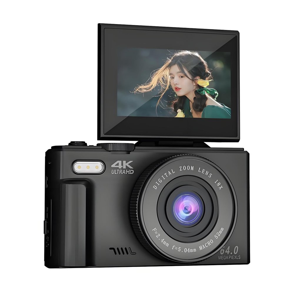 4K Digital Camera for Photography, 64MP Vlogging Camera for,3"*180 Flip Screen,18X Digital Zoom Compact Retro Camera with Battery (Black)