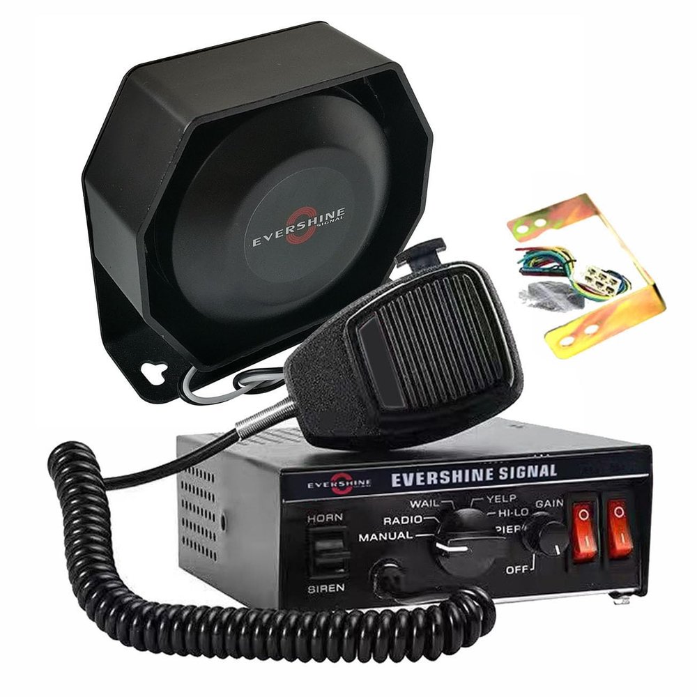 Evershine Signal 12V 100W Police Siren PA System Kit with Heavy Duty Siren Amplifier Flat Speaker Hanheld Mirophone 7 Tones Warning Emergency Siren for Vehicles Tow Truck UTV ATV Van Car POV RV