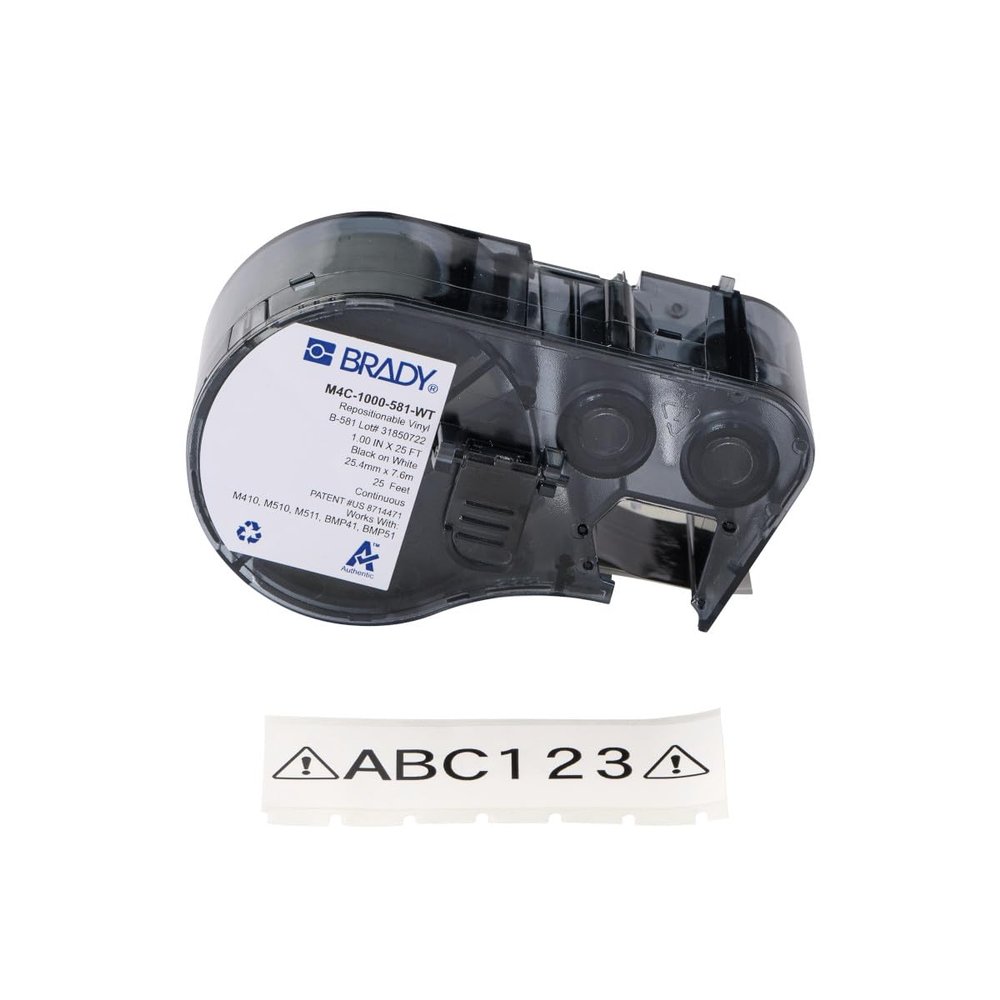 Brady Repositionable Multi-Purpose Vinyl Labels for M410, M510 and M511 Printers - Black on White (25.40mm x 7.62m)