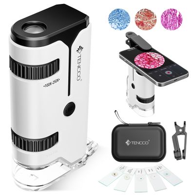 100x-250x Pocket Microscope for Kids Adults, Protable Handheld Miniscope, Mini Microscope Kit for Kids Adults Home School Lab Biology Science Education, White