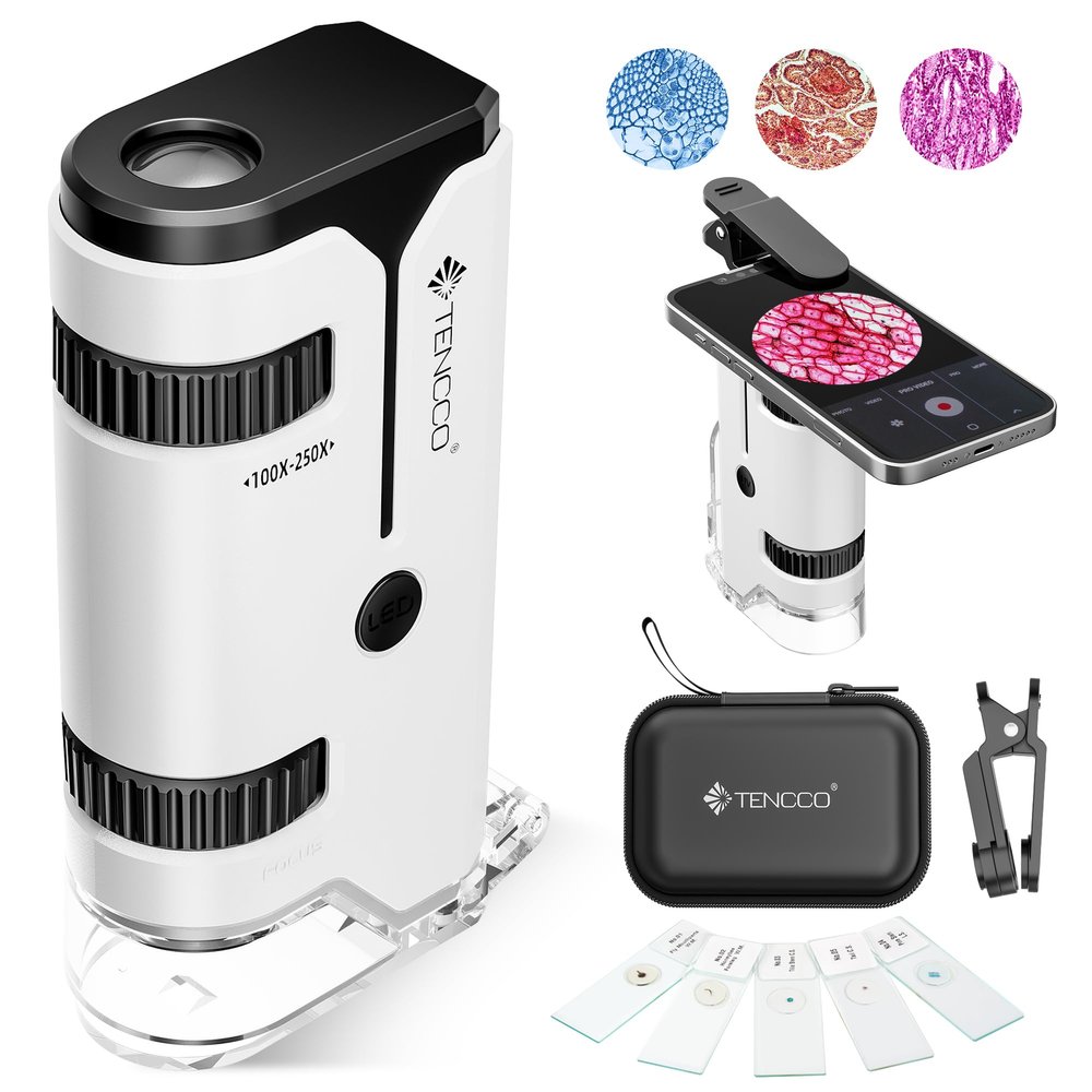 100x-250x Pocket Microscope for Kids Adults, Protable Handheld Miniscope, Mini Microscope Kit for Kids Adults Home School Lab Biology Science Education, White