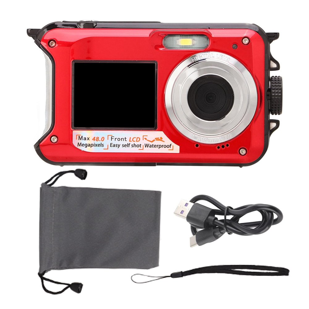 Waterproof Underwater Digital Camera Full HD 2.7K 48MP 16X Zoom Dual Screens Red (Red)