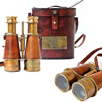 DirectNine Basics Antique Victorian Marine Brass Leather Binocular Sailor Instrument, Nautical Design, Orange, London 1915, for Home