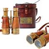 DirectNine Basics Antique Victorian Marine Brass Leather Binocular Sailor Instrument, Nautical Design, Orange, London 1915, for Home view 1