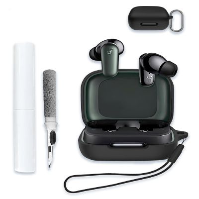 Case for Soundcore by Anker P30i Earbuds, Soft Silicone Protective Portable Scratch Shock Resistant Hard Shell with Cleaner Kit & Carabiner & LanyardBlack
