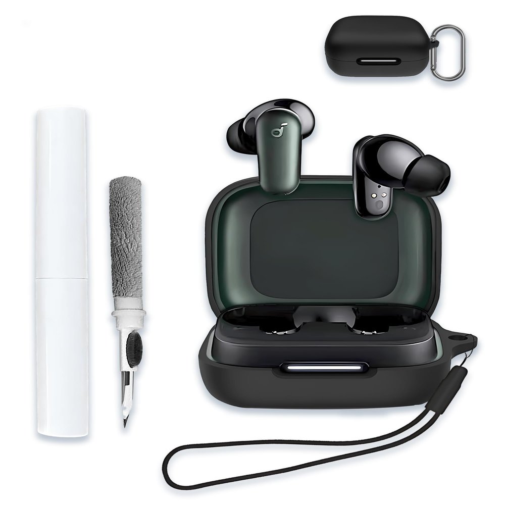 Case for Soundcore by Anker P30i Earbuds, Soft Silicone Protective Portable Scratch Shock Resistant Hard Shell with Cleaner Kit & Carabiner & LanyardBlack