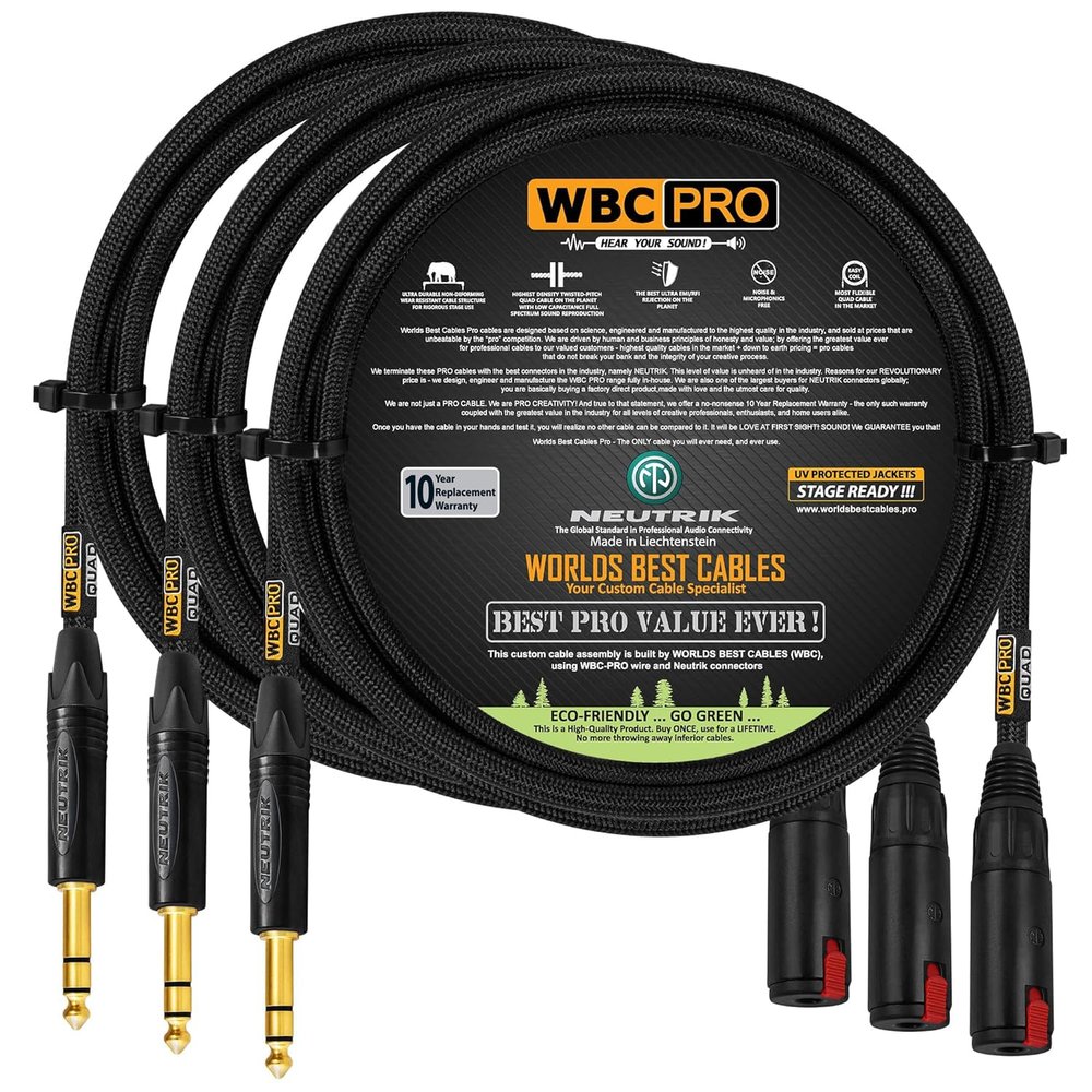 3 Units - 5 Foot - WBC-PRO-Quad Ultra-Silent, Ultra-Flexible, Balanced Star-Quad Headphone Extension Cable with  (6.35mm) Neutrik Male TRS Plug to Locking Female TRS Jack & Black Tweed Jacket