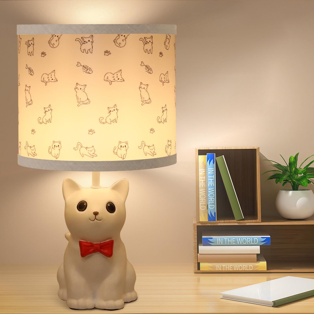 Hamucd Small Cat Table Lamp for Bedroom Nightstand Decor,Animal Nursery Single Bedside Lamp for Kid Study Room,Cute Desk Lamp for Boy Girl Toddler Play Room(White)