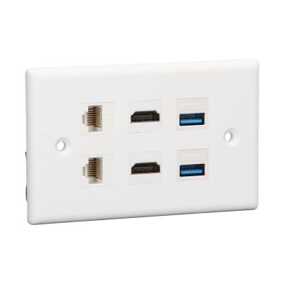 6 Port Wall Plate, 2xHD Multimedia Interface, 2xCat6 2xUSB3.0, RJ45 Ethernet Wall Plate for HDTV Projector Computer