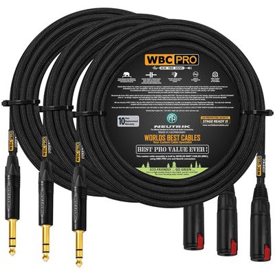 3 Units - 35 Foot - WBC-PRO-Quad Ultra-Silent, Ultra-Flexible, Balanced Star-Quad Headphone Extension Cable with (6.35mm) Neutrik Male TRS Plug to Locking Female TRS Jack & Black Tweed Jacket