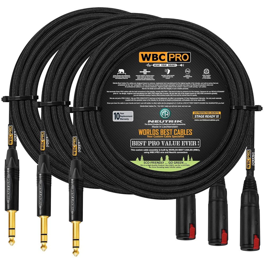3 Units - 35 Foot - WBC-PRO-Quad Ultra-Silent, Ultra-Flexible, Balanced Star-Quad Headphone Extension Cable with  (6.35mm) Neutrik Male TRS Plug to Locking Female TRS Jack & Black Tweed Jacket