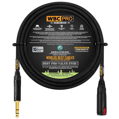 12 Foot - WBC-PRO-Quad Ultra-Silent, Ultra-Flexible, Balanced Star-Quad Headphone Extension Cable with  (6.35mm) Neutrik Male TRS Plug to Locking Female TRS Jack & Black Tweed Jacket