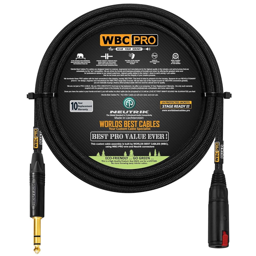 12 Foot - WBC-PRO-Quad Ultra-Silent, Ultra-Flexible, Balanced Star-Quad Headphone Extension Cable with  (6.35mm) Neutrik Male TRS Plug to Locking Female TRS Jack & Black Tweed Jacket