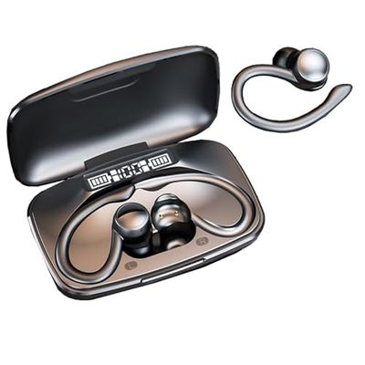 Bitstik Sports Wireless Headphones Bluetooth Earbuds LED Power Display Charging Case Stereo Bass Headset with Earhook Over-Ear Earphones for Workout Driving Walking Running (Black)