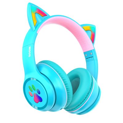 MIDOLA Kids Headphones Cat Ear Wireless Bluetooth 5.3 60H Over Ear, 8H with Led Light Foldable Music Gaming Headset with Aux 3.5mm Mic for Travel Pad Tablet Cyan