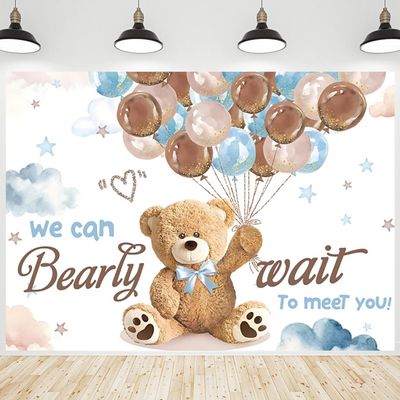 CRTPOD Bear Baby Shower Backdrop We Can Bearly Wait Cartoon Blue Balloons Clouds Background Photography Banner for Newborn Boys Baby Shower Party Decorations Supplies Photo Photobooth Props 10x8ft
