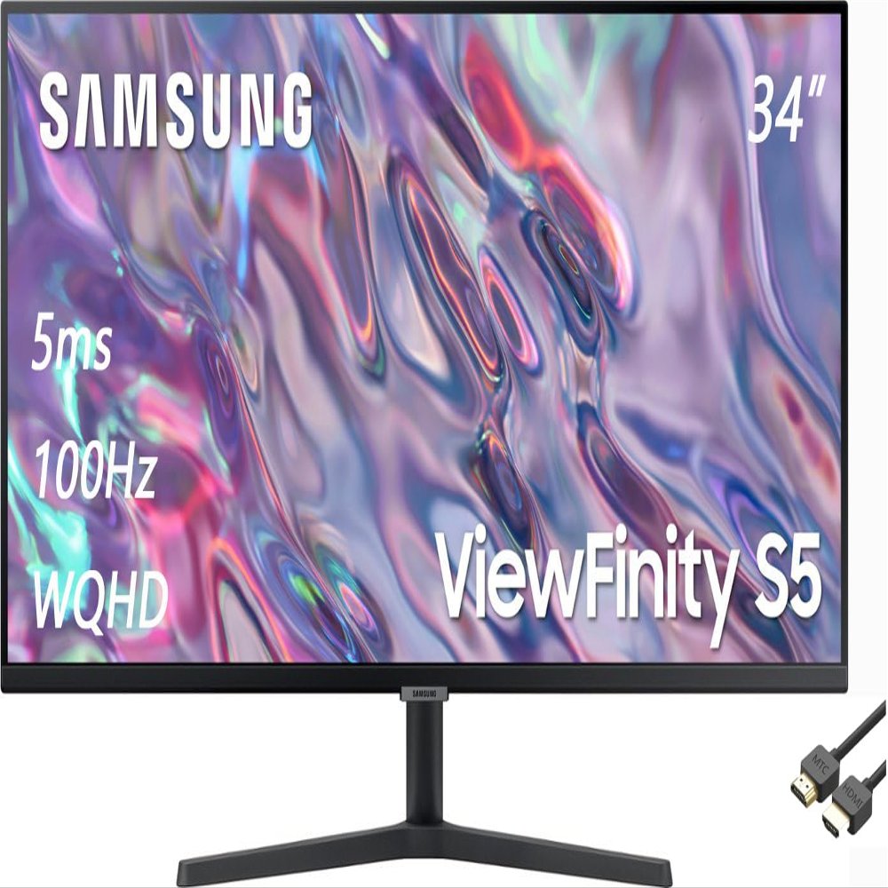 SAMSUNG 34" S50GC Series ViewFinity Ultra-WQHD Monitor, 100Hz, 5ms, Eye Care, Borderless Design, AMD FreeSync, Black, with MTC HDMI Cable