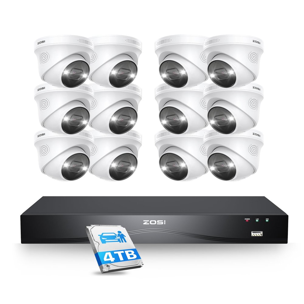 ZOSI 16CH 4K PoE Security Camera System, 12pcs 4K Outdoor Indoor PoE Cameras, Person Vehicle Detection, 2 Way Audio, Sound&Light Siren, Night Vision, 16Channel 8MP NVR with 4TB HDD for 24/7 Recording