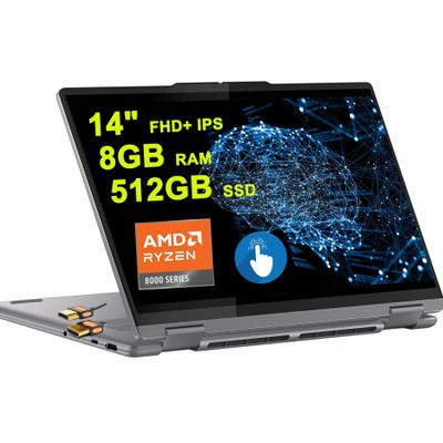 Lenovo Yoga 7 2-in-1 AI PC Laptop 14" FHD+ IPS Touch AMD Zen4 6-core Ryzen 5 8640HS (> i7-1255u) 8GB RAM 512GB SSD Backlit Fingerprint FHD IR Privacy Camera Long-Lasting Battery Win11 + HDMI Cable
